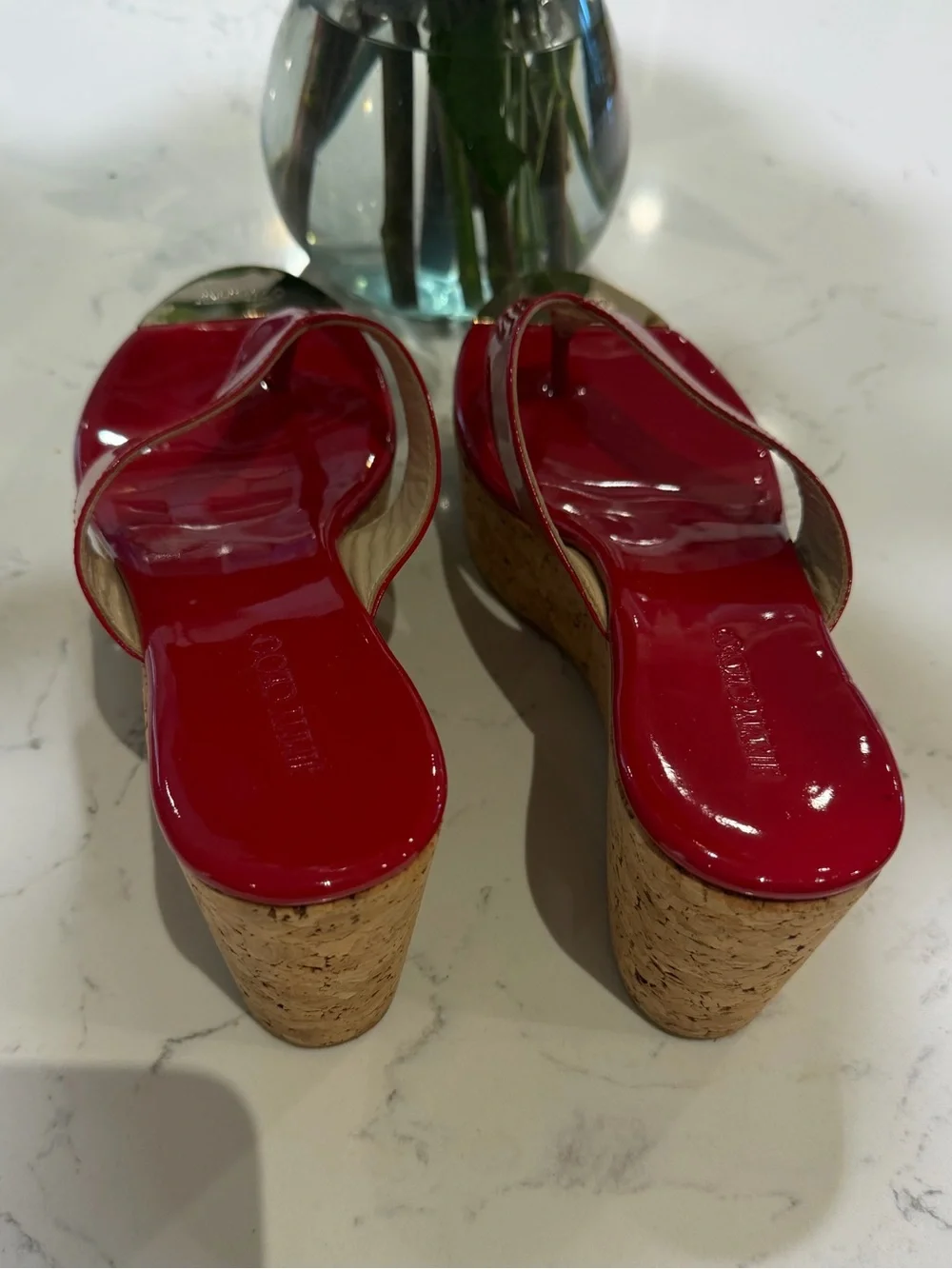 Jimmy Choo Pathos Red Patent Leather Cork Wedge Thong Sandals